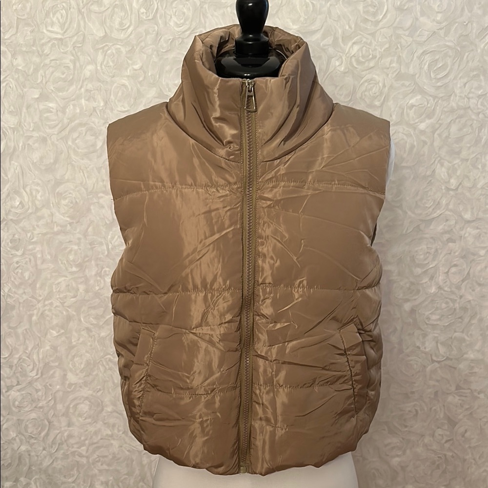 NEW Taupe Shiny Puffer Vest – Size Small – Zip Front – High Collar